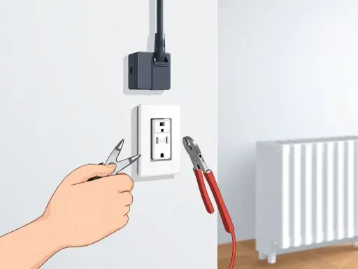 Main tenant modifie une prise électrique pour la transformer en prise radiateur, avec des pinces et un adaptateur.
