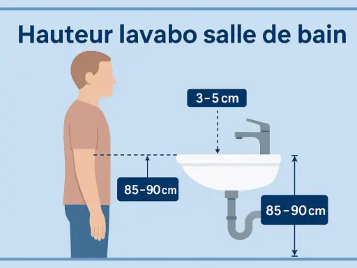 Illustration montrant la hauteur idéale d'un lavabo de salle de bain : 85-90 cm du sol, avec le robinet à 3-5 cm au-dessus du bord.