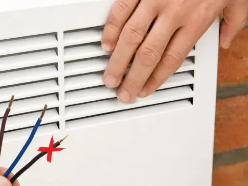 Installation d'un radiateur électrique. Les fils dénudés suggèrent une connexion, mais le fil noir barré indique une erreur. Le pilotage radiateur électrique sans fil pilote est la solution.