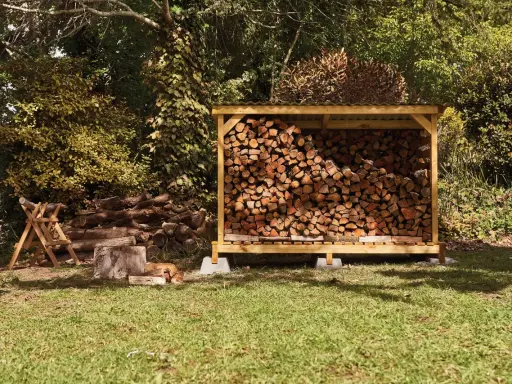 Abri bois de chauffage fait maison, rempli de bois sec. Un chien se repose à l'ombre.