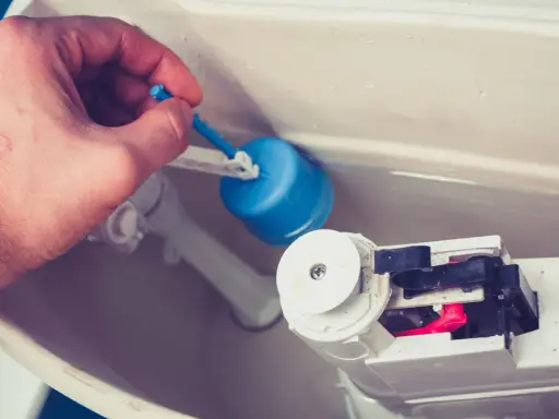 Main d'homme ajustant le flotteur bleu d'une chasse d'eau qui ne se remplit pas pour un wc suspendu.