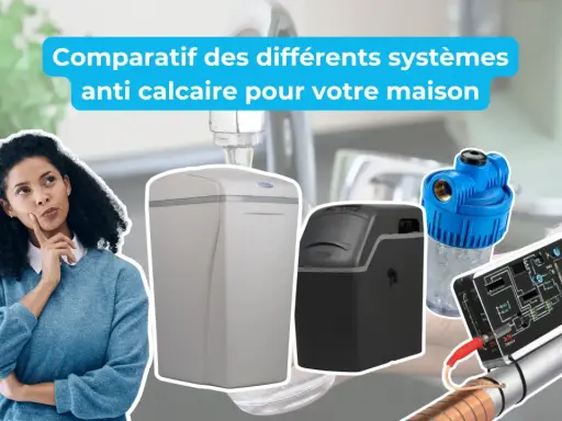 Comparatif de systèmes anti-calcaire pour votre maison. Une femme réfléchit face à des appareils pour traiter l'eau très calcaire.