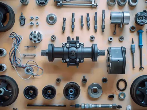 Vue éclatée de pièces mécaniques, dont une **tête électrovanne** centrale, des roues, des vis et des outils.