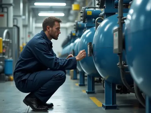 Un technicien en combinaison bleue effectue une prise d'échantillon sur de grandes cuves bleues dans une usine.