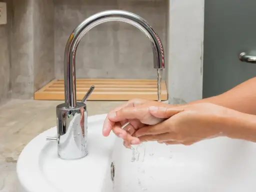 Mains d'une personne se lavant sous un robinet moderne en inox. L'eau coule dans un lavabo blanc.