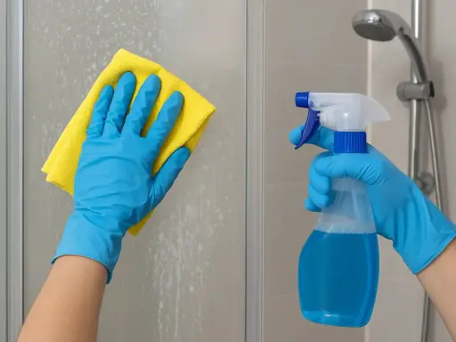 Mains gantées en bleu nettoient une paroi de douche entartrée avec un chiffon jaune. Un spray bleu est prêt à enlever le calcaire douche.