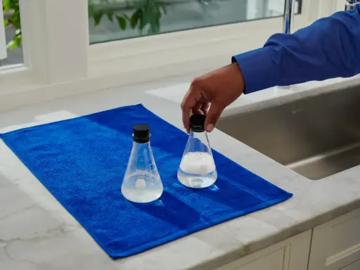 Main tenant une fiole pour mesurer th eau, posée sur une serviette bleue à côté d'une autre fiole.