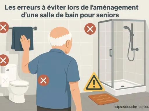 Illustration montrant une salle de bain avec des erreurs à éviter pour une salle de bain pmr. Un homme âgé est présent.