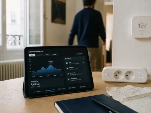 Tablette affichant la consommation d'énergie, thermostat connecté et prise intelligente. La domotique chauffage optimise le confort et les économies.