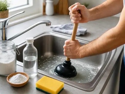 Un homme utilise une ventouse pour essayer de déboucher un évier, mais c'est impossible de déboucher les toilettes. Du bicarbonate de soude et du vinaigre sont à proximité.