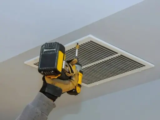 Main tenant utilise une visseuse pour l'entretien de la VMC, fixant la grille d'aération au plafond.