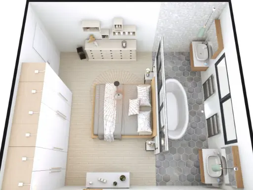 Plan d'une suite parentale : chambre avec lit, dressing et salle de bain attenante avec baignoire et double vasque.