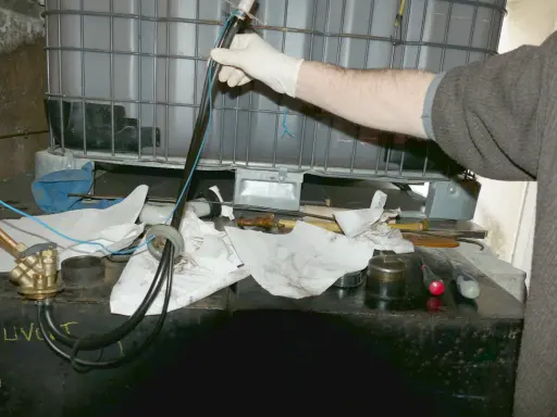 Main d'une personne en gant blanc manipulant un tube avec des fils bleus, près d'une cuve à fioul et d'une crépine.
