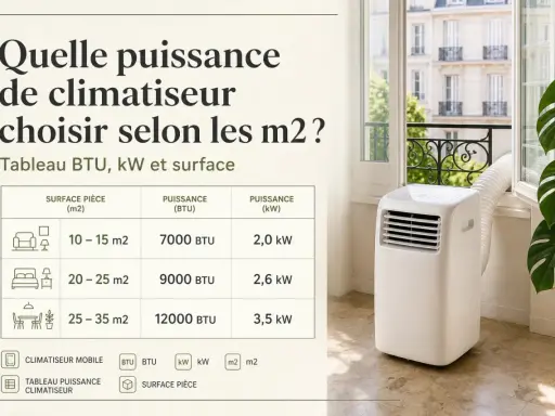 Tableau de puissance climatiseur indiquant les BTU et kW nécessaires selon la surface de la pièce. Un climatiseur mobile est visible.