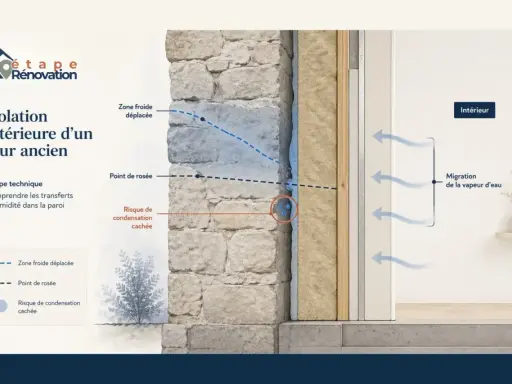 Schéma d'isolation intérieure d'un mur ancien montrant le risque de condensation cachée et la migration de la vapeur d'eau.