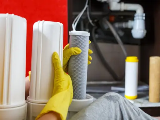 Mains de gant jaune manipulant un filtre pour le nettoyage résine adoucisseur d'eau.