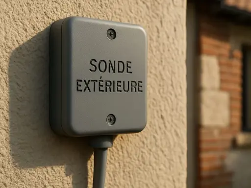 Boîtier gris fixé au mur, marqué "SONDE EXTÉRIEURE". Un câble en sort.