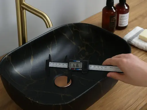 Mesure du diamètre de la bonde universelle d'un lavabo noir marbré d'or.