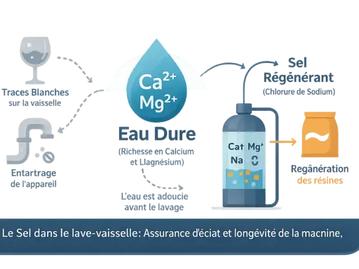 Schéma expliquant le rôle du sel régénérant dans un lave-vaisselle pour adoucir l'eau, éviter les traces et l'entartrage.