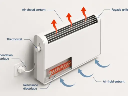 Radiateur électrique : alimentation, thermostat, résistance chauffante, air froid entrant et air chaud sortant.