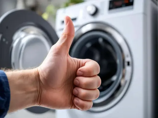 Pouce levé devant une machine à laver ouverte, signe d'un branchement machine à laver réussi.