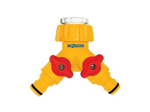 Un raccord rapide double femelle jaune avec deux robinets rouges pour diviser le débit d'eau.