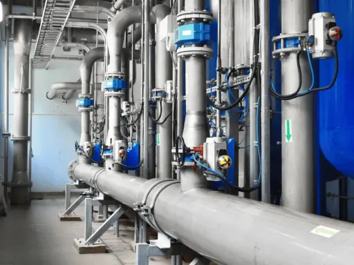Système de tuyauterie industrielle avec plusieurs vannes à bride bleues et grises, contrôlant le flux dans une usine.