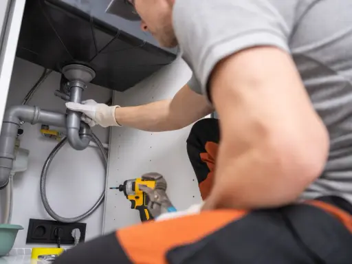 Plombier en action pour déboucher une canalisation sous un évier. Outils à portée de main pour résoudre le problème.