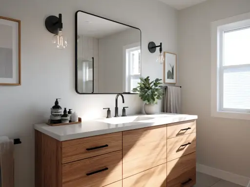 Une salle de bain moderne avec un meuble-lavabo en bois, un grand miroir, des appliques murales et une plante verte. Idéal pour peindre une salle de bain.