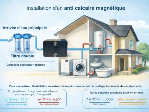 Installation d'un système anti calcaire magnétique pour prévenir la formation du calcaire dans une maison, avec filtre double et appareil Max Power.