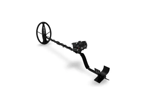 Détecteur de métaux noir C.SCOPE, avec une bobine ronde et une poignée, prêt pour la chasse au trésor grâce à sa réduction concentrique.