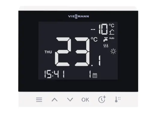 Thermostat Viessmann affichant 23.1°C, idéal pour une pompe à chaleur. Température extérieure -10°C.