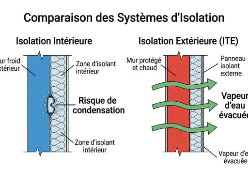 Comparaison isolation intérieure/extérieure. L'isolation intérieure présente un risque de condensation dû à l'effet paroi froide. L'ITE évacue la vapeur d'eau.