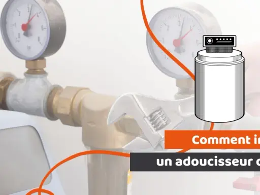 Schéma d'une installation adoucisseur d'eau avec manomètres, clé et gouttes d'eau.
