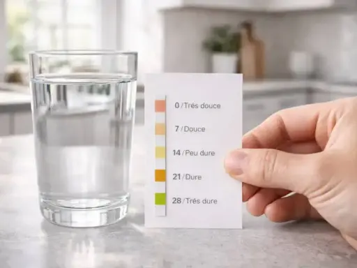 Un verre d'eau potable à côté d'une bandelette test de dureté de l'eau. La bandelette indique une eau douce.