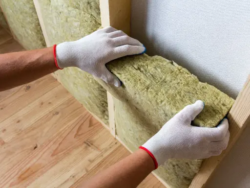 Mains gantées insèrent un isolant dans une structure en bois pour isoler sa maison.