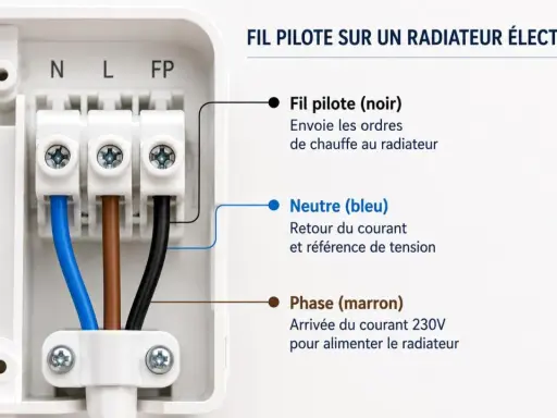 Branchement convecteur électrique : fil pilote noir, neutre bleu et phase marron connectés. Le fil pilote envoie les ordres de chauffe.