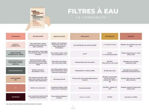 Tableau comparatif des filtres à eau : le filtre céramique retient les bactéries et microplastiques >0,5 µm, tandis que le filtre à osmose inverse, plus complexe, élimine virus, PFAS, métaux lourds, etc.