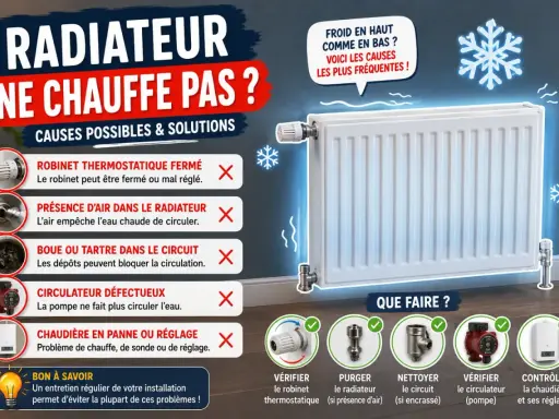 Radiateur froid : causes possibles (robinet, air, boue ou tartre dans le circuit) et solutions. Entretien régulier pour éviter les problèmes.