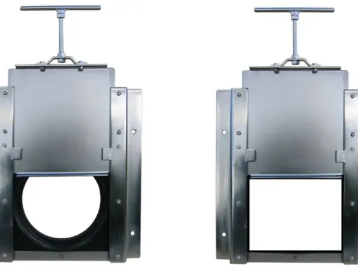 Deux vannes murales guillotine en métal, l'une avec une ouverture ronde, l'autre avec une ouverture rectangulaire.