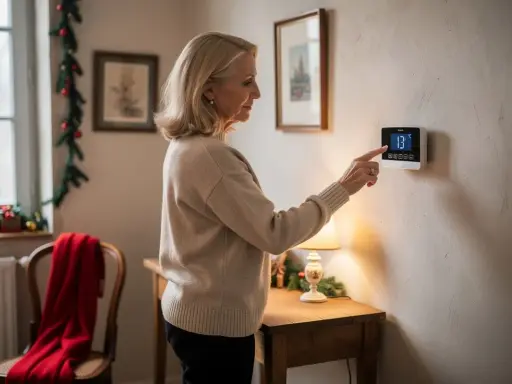Une femme ajuste le thermostat pour maintenir la température hors gel de sa maison. L'écran affiche 13°C.