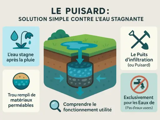 Schéma expliquant le fonctionnement d'un puisard pour le traitement de l'eau de puits. Il montre l'infiltration de l'eau stagnante dans le sol via un puits d'infiltration.