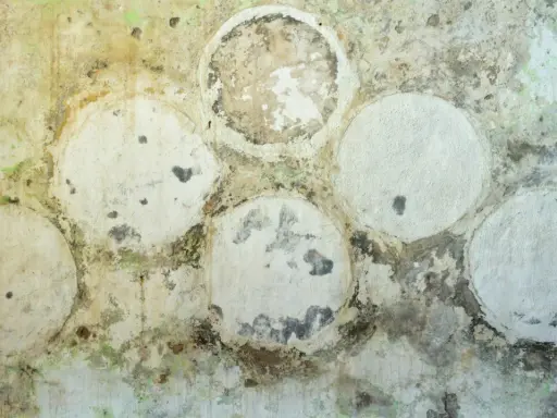 Mur sale avec des taches vertes et noires. Des cercles blancs, certains abîmés, suggèrent un placo moisi. Faut-il le changer ?