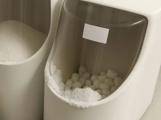 Deux bacs d'adoucisseur d'eau. L'un contient du sel en poudre, l'autre des pastilles de sel. L'eau dans le bac à sel adoucisseur est essentielle.