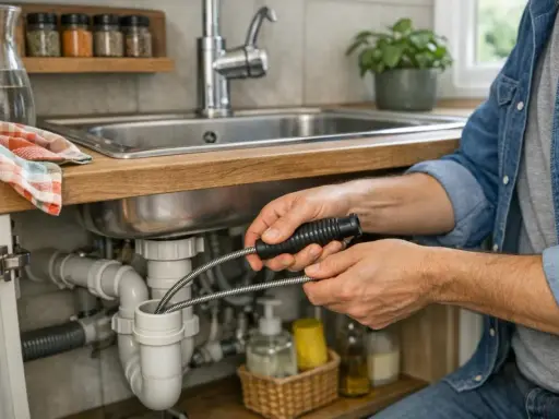 Un homme utilise une aiguille pour déboucher canalisation sous un évier de cuisine. L'outil flexible est inséré dans le siphon pour dégager le bouchon.