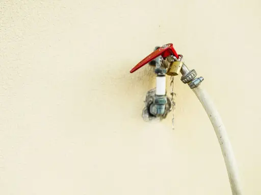 Robinet extérieur avec un cadenas doré et un tuyau blanc, le raccord asymétrique suggère une utilisation inhabituelle.