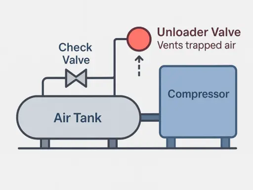 Diagramme d'un compresseur d'air, d'une cuve et d'une soupape de décharge.