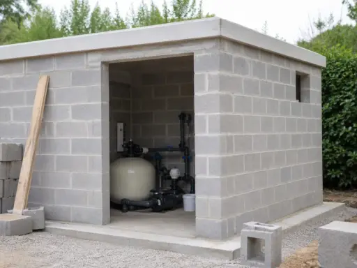 Construction d'un local technique pour piscine en dur. L'abri en parpaings abrite le système de filtration.