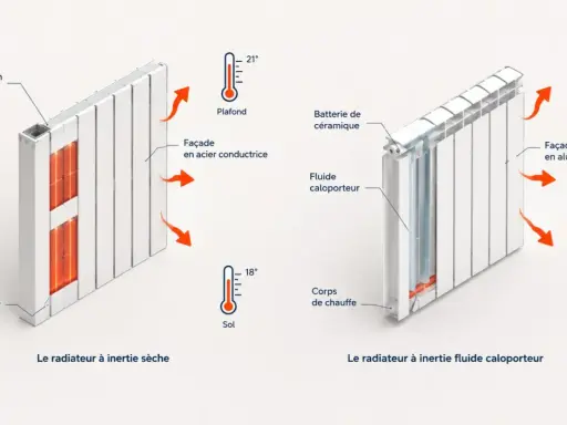 Schémas comparant deux radiateurs électriques : inertie sèche (acier) et inertie fluide (aluminium). Guide pour comment choisir son radiateur electrique.