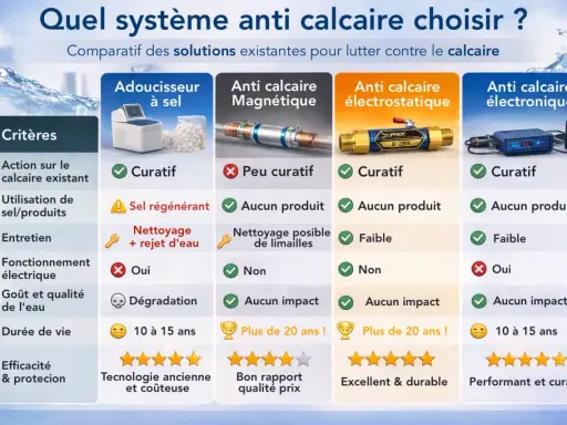 Comparatif des systèmes anti calcaire : adoucisseur à sel, magnétique, électrostatique et électronique. Lequel choisir pour une eau sans calcaire ?